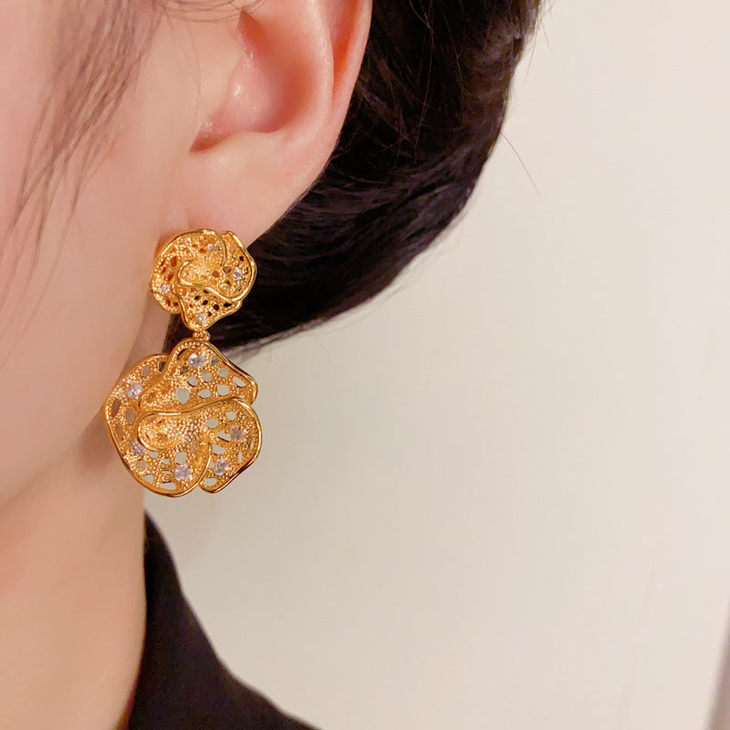Elegant Metal Hollow 3D Flower Drop Earrings – Floral Design