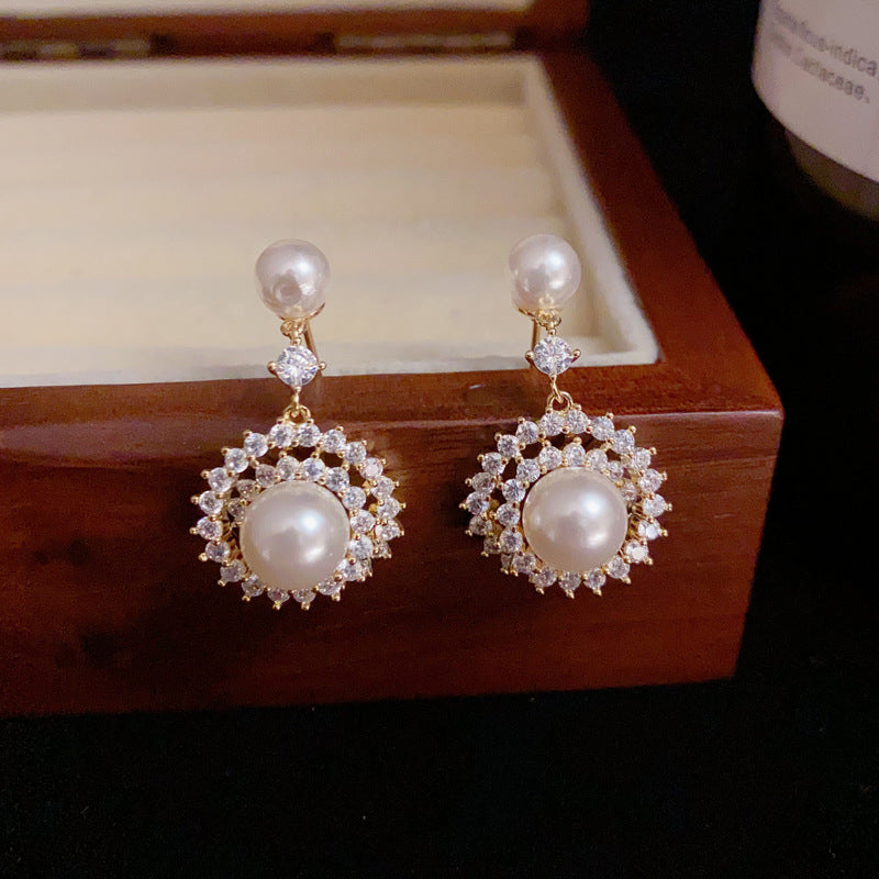 14K Gold Zircon Pearl Sunflower Drop Earrings - Chic Elegance Design