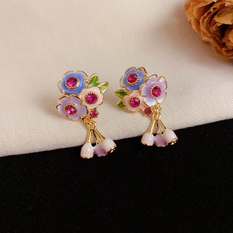 Luxury Colorful Enamel Flower Tassel Drop gold Earrings– Silver Needle