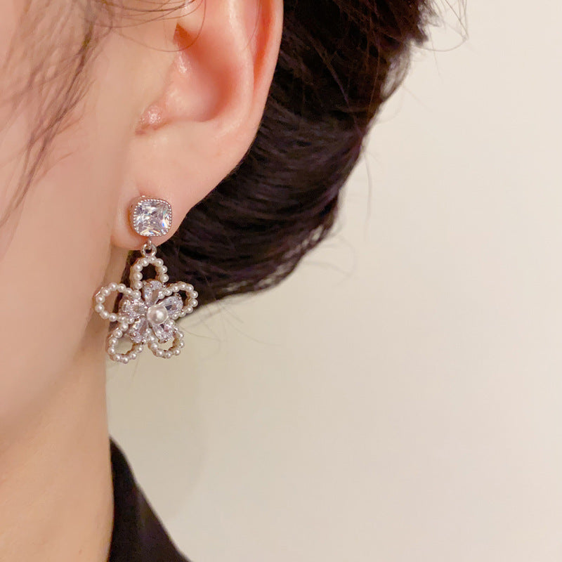 14K Gold Zircon Pearl Open Flower Drop Earrings - Chic Elegance Design