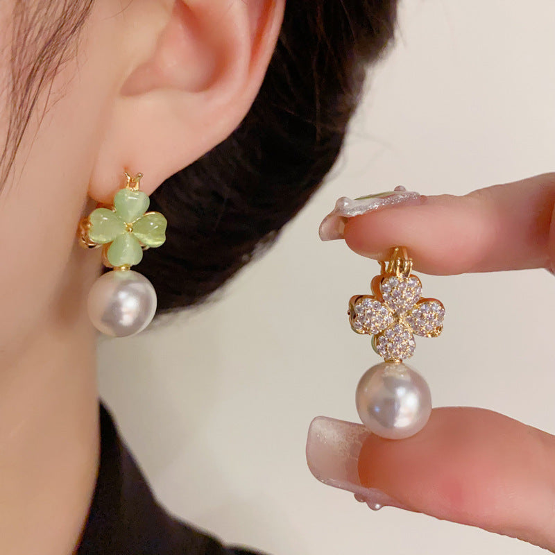 Luxury Double-Sided Four-Leaf Flower & Pearl Earrings – Elegant Design