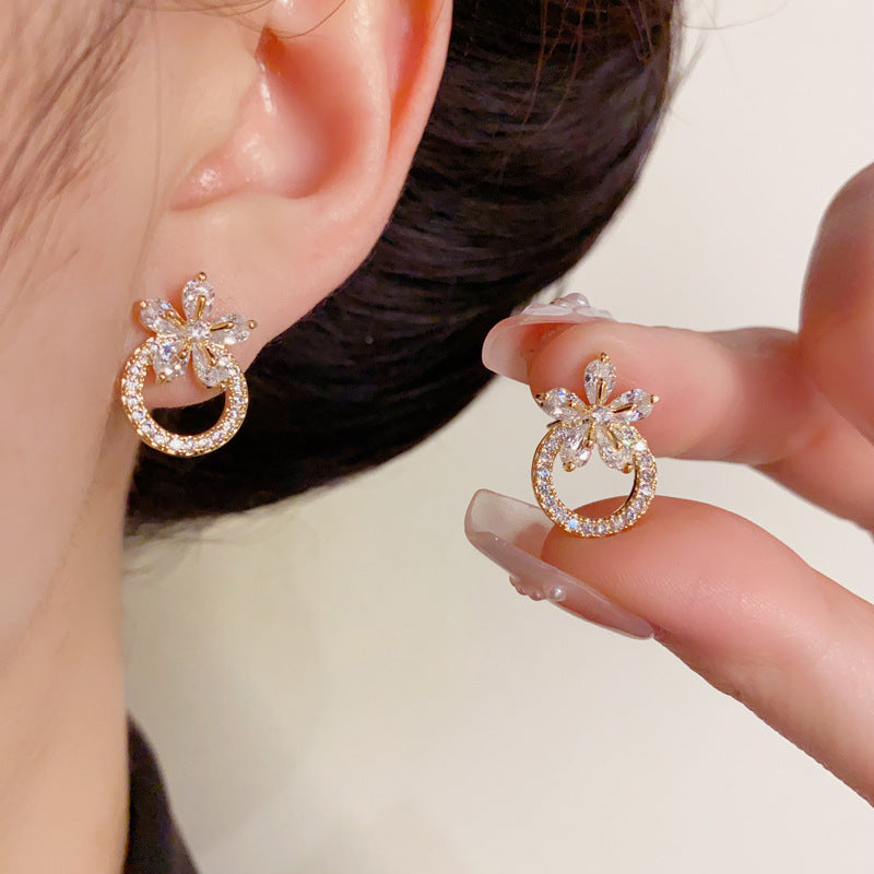 14K Gold-Plated Zircon Floral Hoop Stud Earrings–Elegant Circle Design