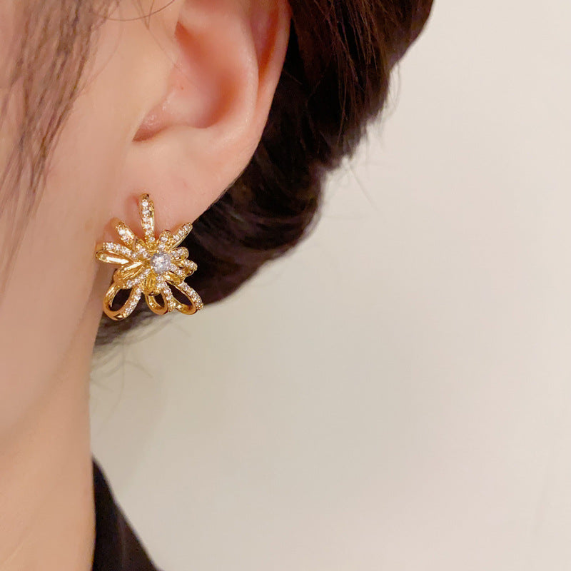 14K Gold-Plated Zircon Firework Stud Earrings - Elegant & Chic Design