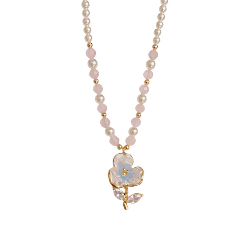 14K Gold Sweet Crystal Flower Bead Pendant Necklace – Pearl Chain