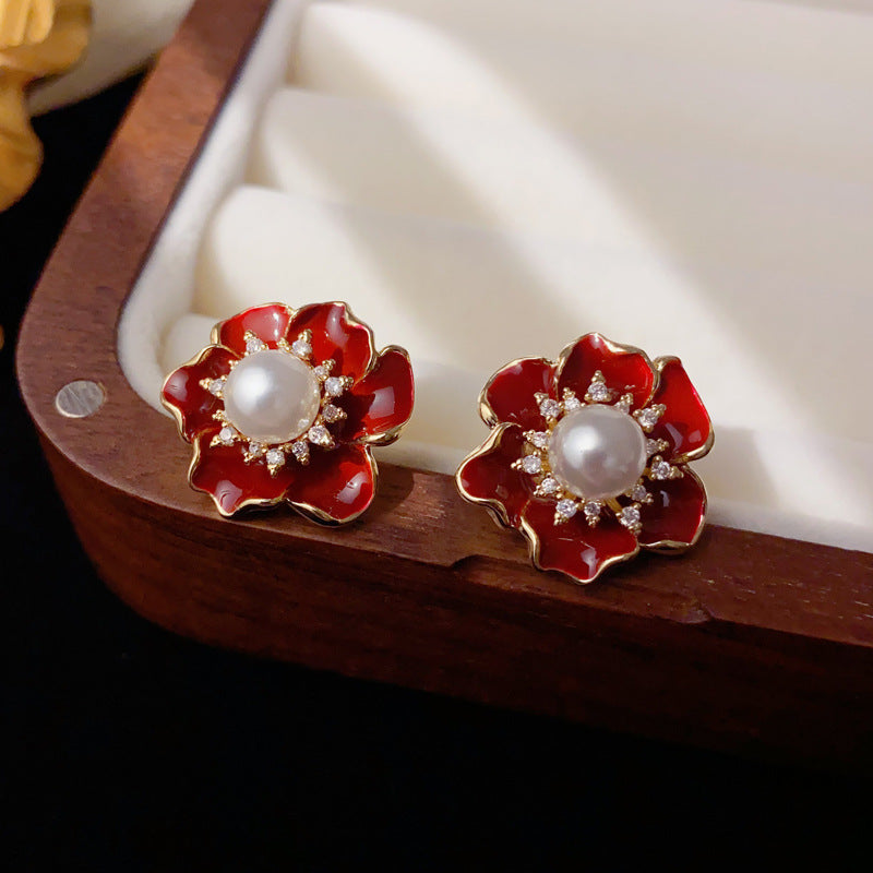 Elegant Zircon Pearl Enamel Petal Stud Earrings – Floral Design