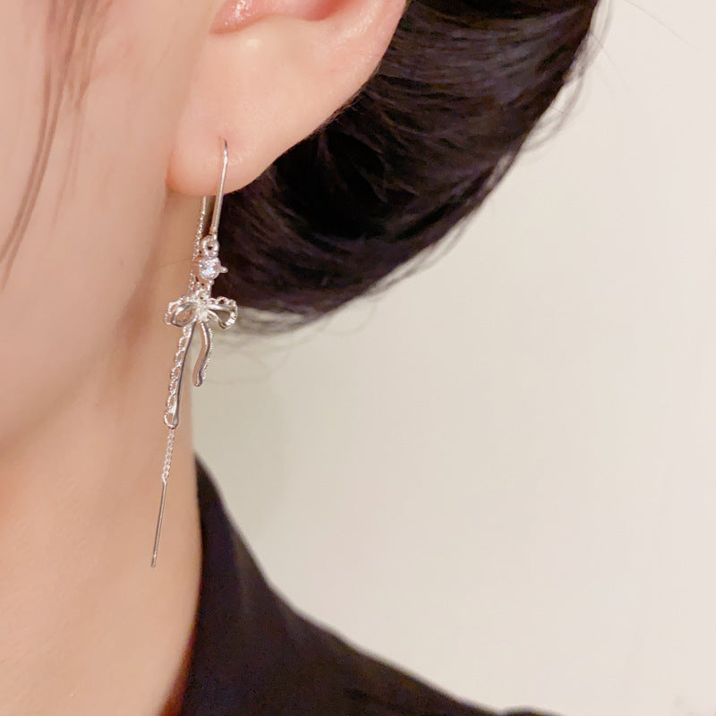 Luxury Metal Lace Bow Threader Earrings – Elegant Design