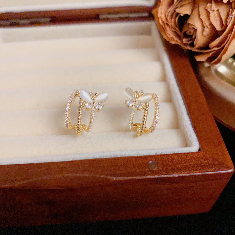 Zircon Butterfly Multi-Layer Arc Stud Earrings – S925 Silver Needle