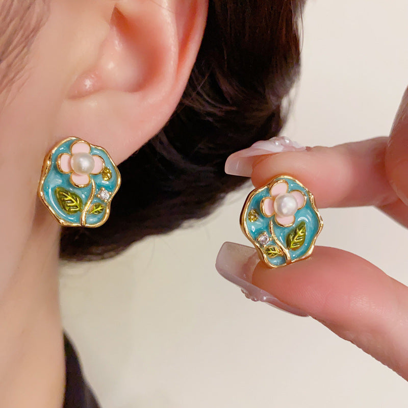 French-Style Enamel 3D Flower Drop Earrings – S925 Silver Needle
