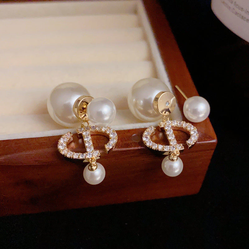 14K Gold CD Letter Front-Back Pearl Earrings – Modern Chic Design