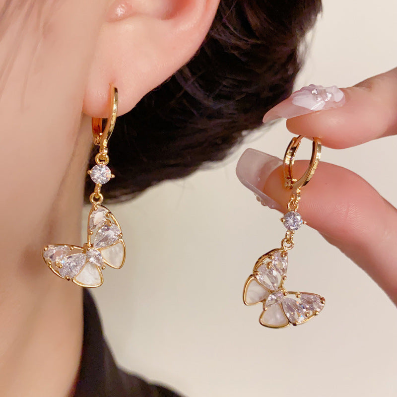14K Gold-Plated Zircon Butterfly Tassel Earrings – Elegant Design
