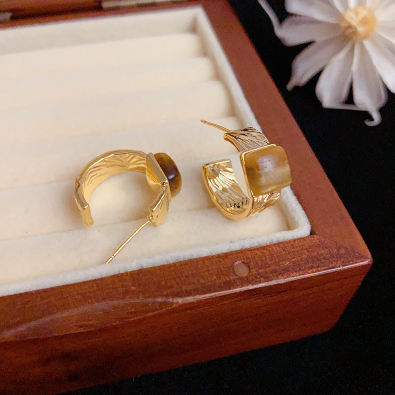 Elegant Tiger's Eye Square Hoop Gold Earrings – Geometric Design