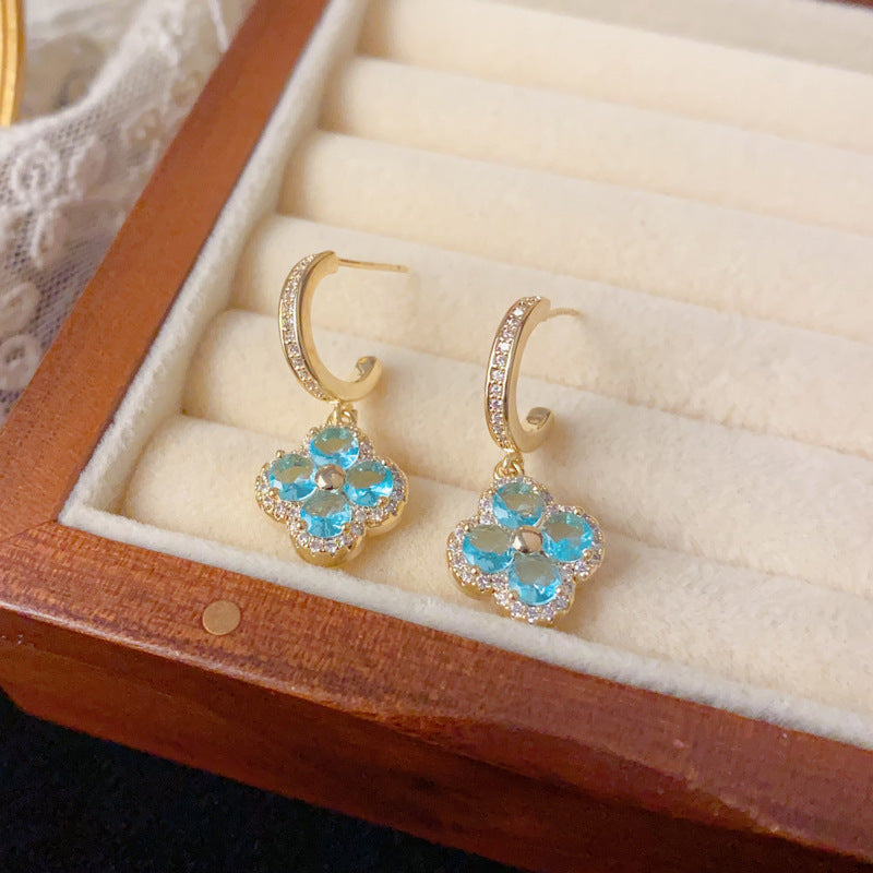 Luxury Blue Crystal Four-Leaf Clover Drop Earrings – Floral Design