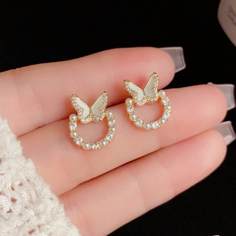 14K Gold-Plated Black Zircon Bead Butterfly Circle Earring - Elegant