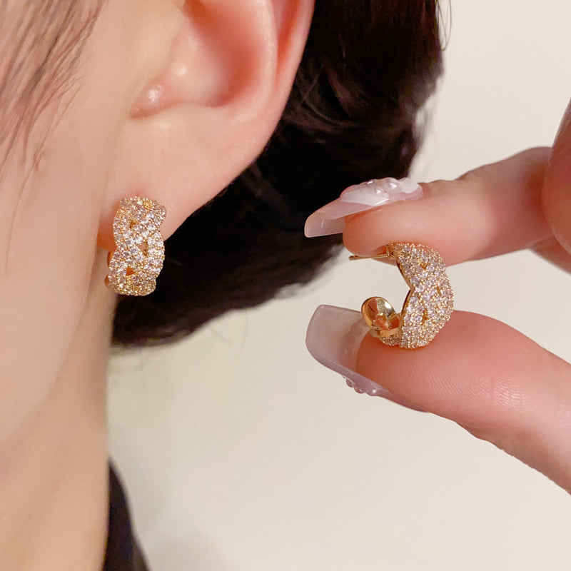 14K Gold-Plated Full Zircon Cross C-Shaped Earrings – Sparkling Design