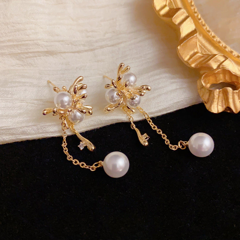 Elegant Metal Knotted Pearl Tassel Drop Earrings – Geometric Design