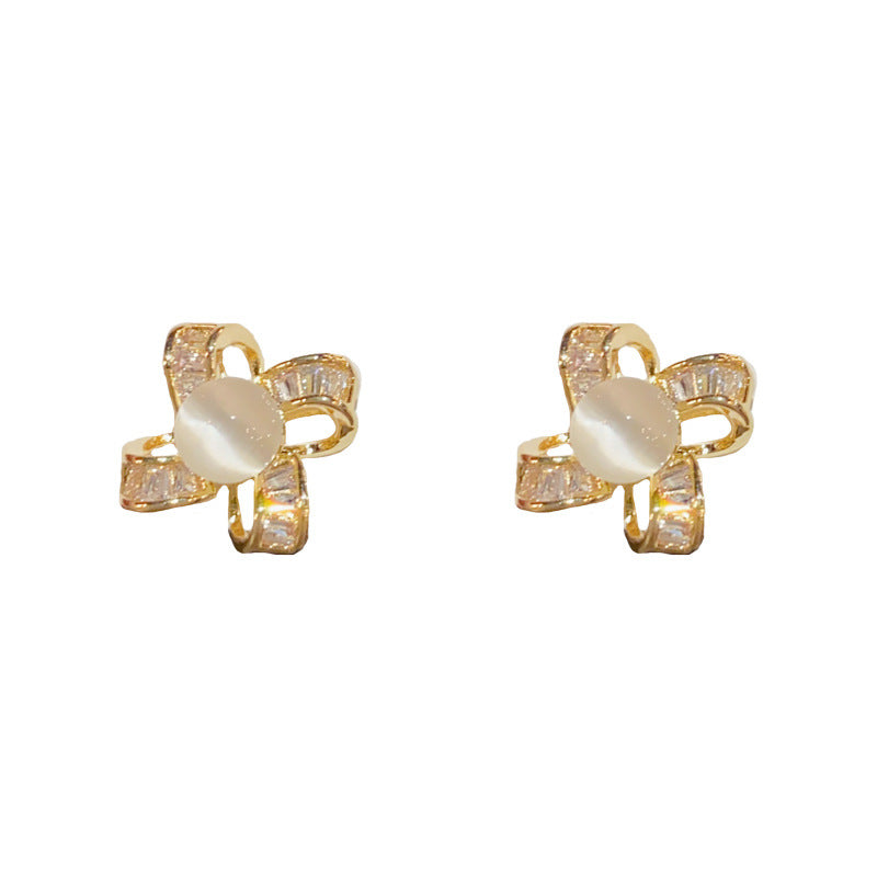 14K Gold Zircon Cat Eye Flower Stud Earrings- Chic Elegance Design