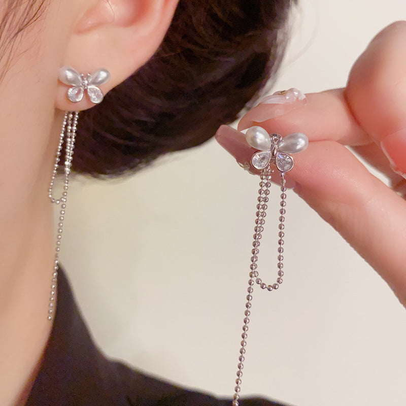 Luxury Pearl & Butterfly Tassel Drop Earrings – Silver Needle Design