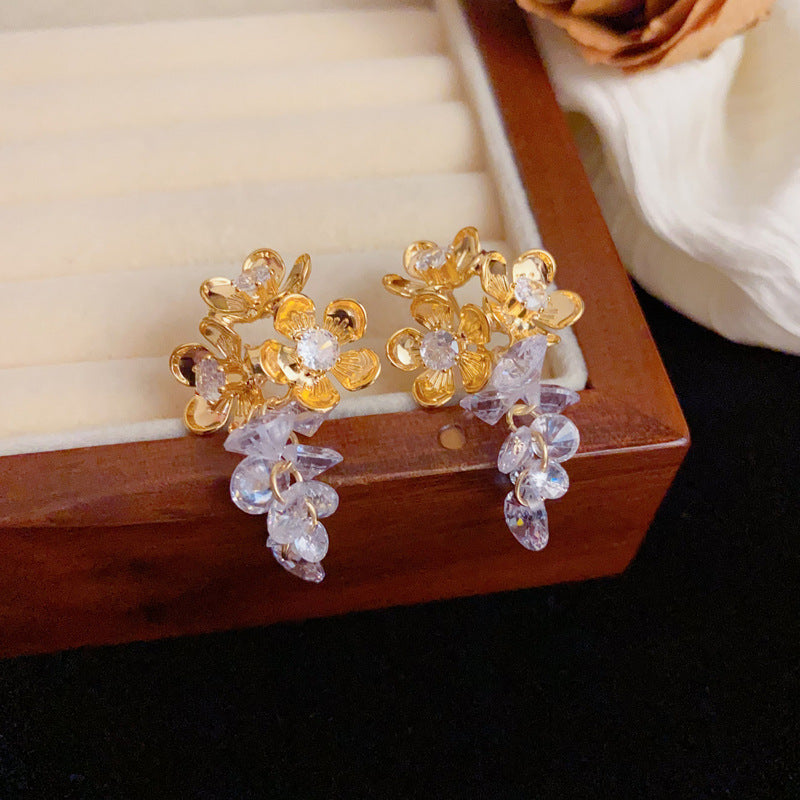 Luxury Metal Petal & Crystal Grape Tassel Drop Earrings –Floral Design