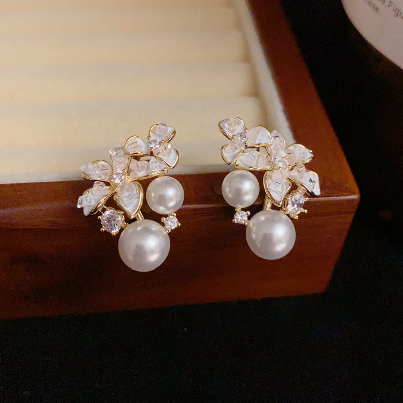 14K Gold-Plated Zircon Flower Pearl Stud Earrings – Elegant Design