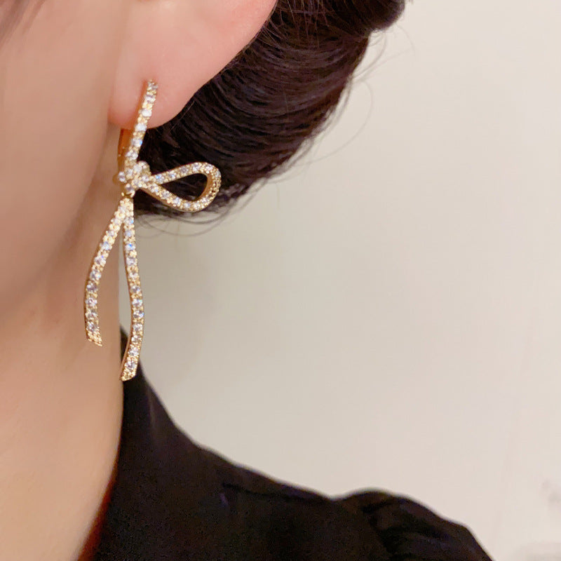 14K Gold-Plated Full-Diamond Bow Long Drop Earrings - Elegant Design