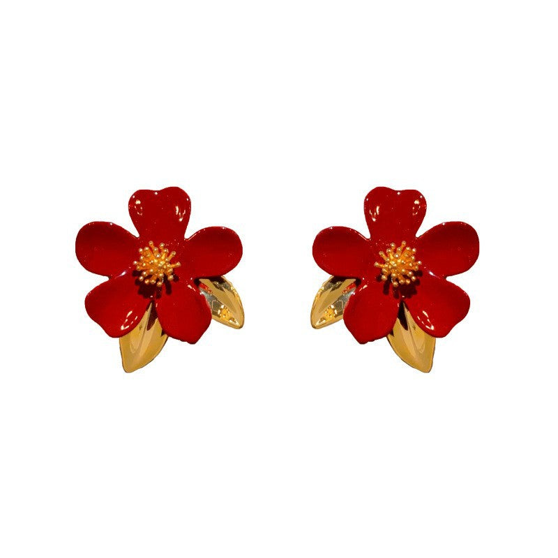 Elegant Ankara Red Camellia Stud Gold Earrings – Floral Design