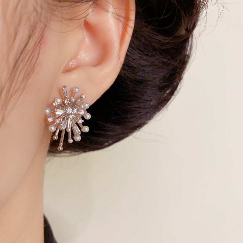 Elegant Pearl & Zircon Firework Stud Earrings – Silver Needle Design
