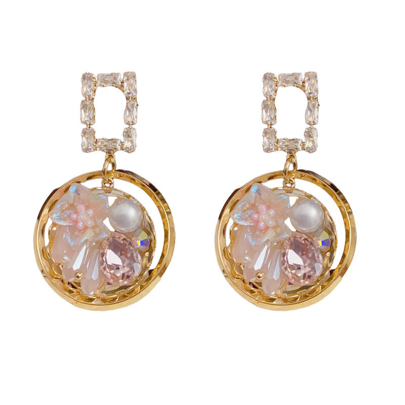 Elegant Zircon Petal Round Ring Drop Gold Earrings – Geometric Design