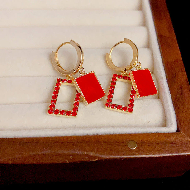 14K Gold-Plated Red Diamond Geometric Hoop Earrings - Bold Elegance