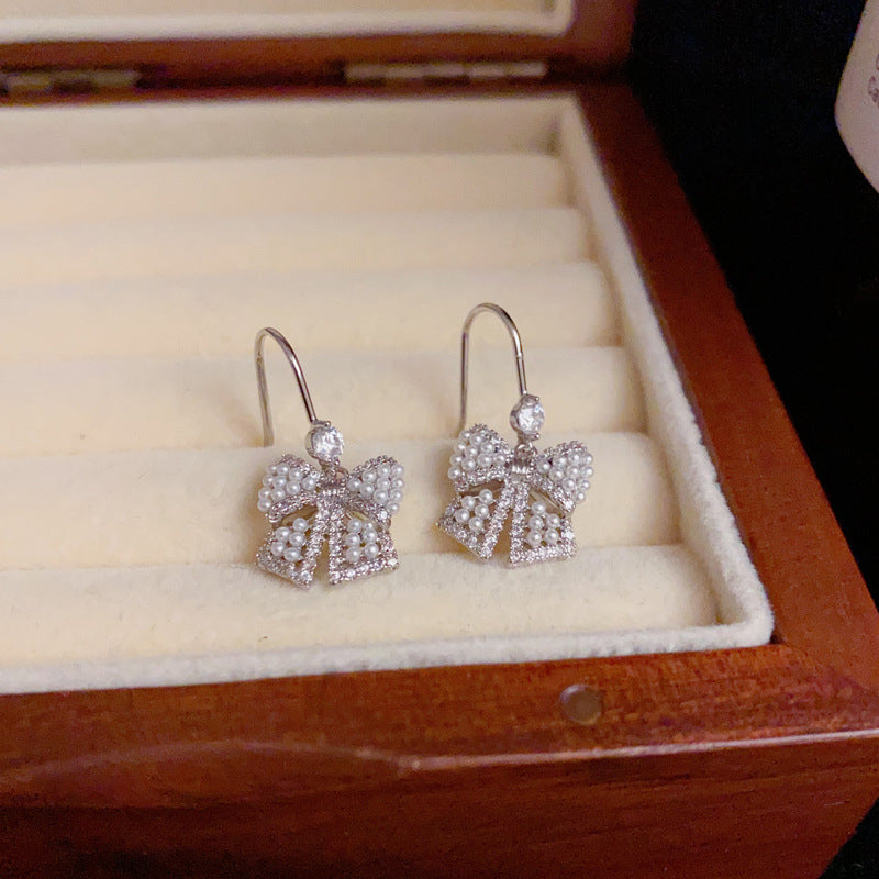 14K Gold-Plated Pearl Bowknot Hook Earrings – Elegant Chic Design