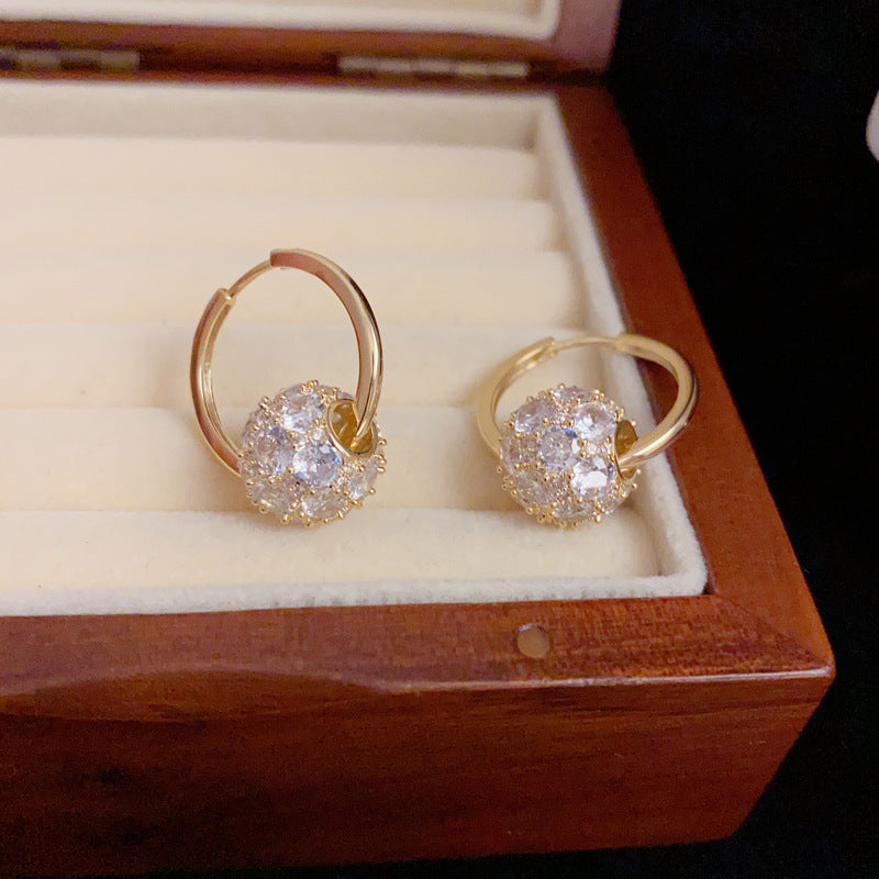 14K Gold-Plated Full Diamond Ball Earrings - Elegant Geometric Design