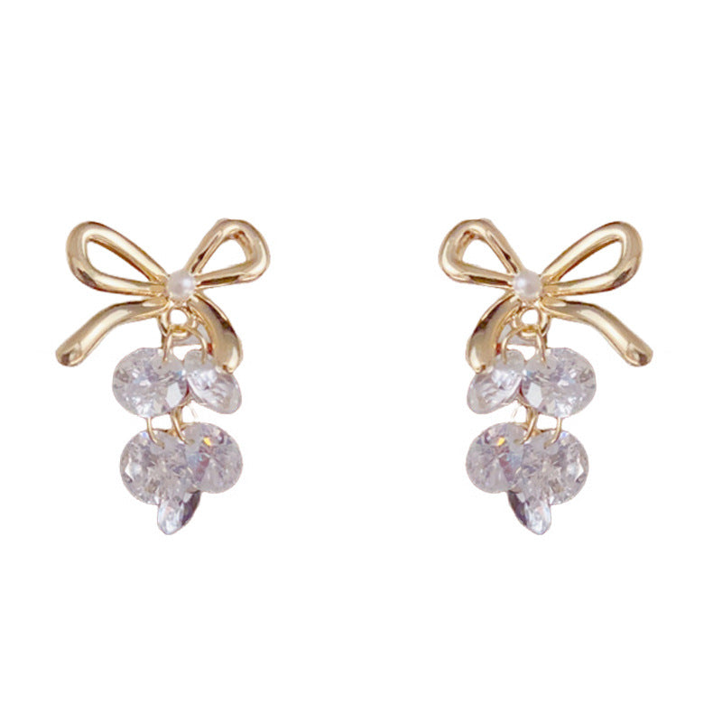 Luxury Metal Bow & Crystal Grape Drop Earrings – Elegant Design