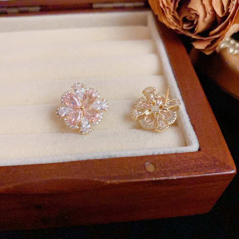 14K Gold Full-Zircon Crystal Petal Stud Earrings – S925 Silver Needle