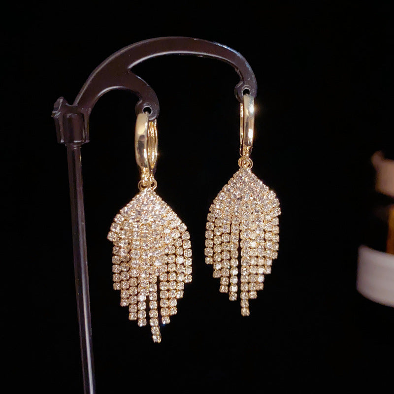 14K Gold-Plated Double Tassel Earrings - Full Diamond Design