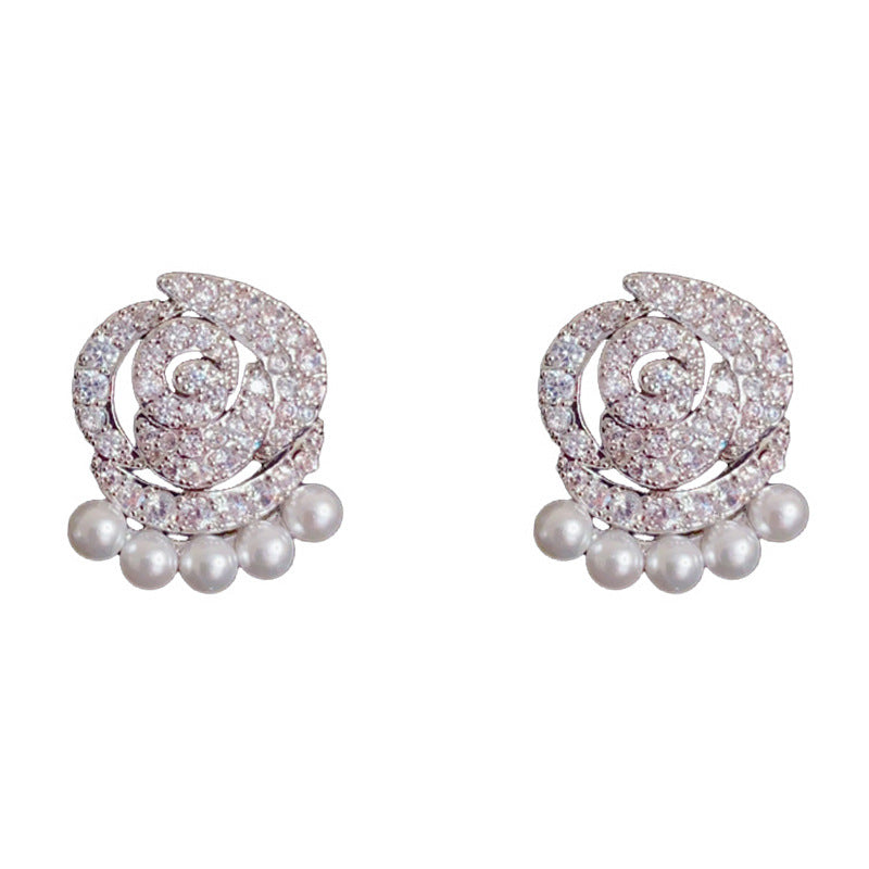 Elegant Zircon Camellia Pearl Stud Earrings – Floral Design