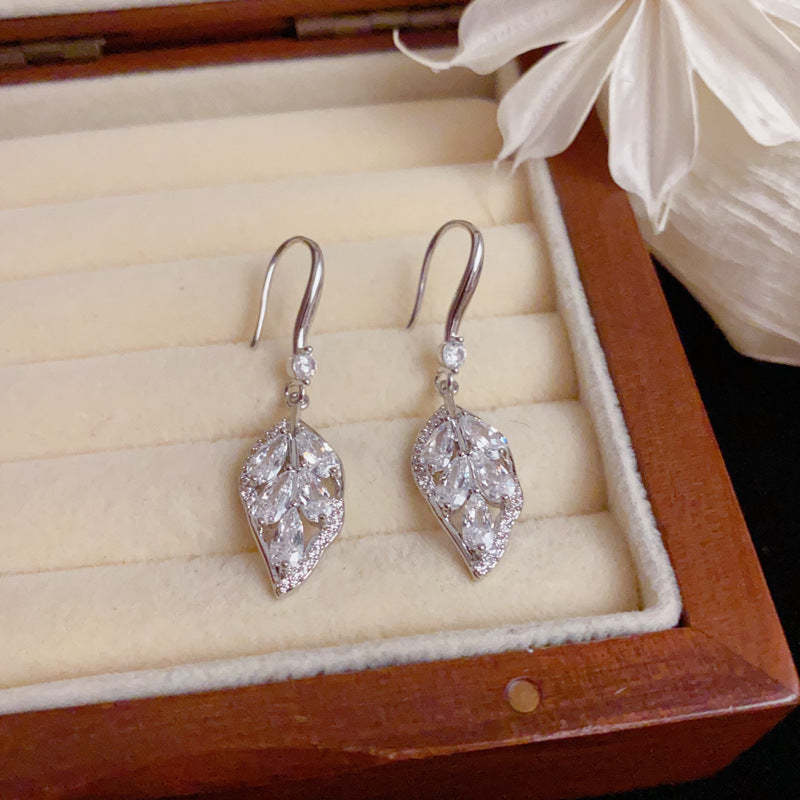 Luxury Full-Zircon Leaf Tassel Ear Hook Earrings – Elegant Design