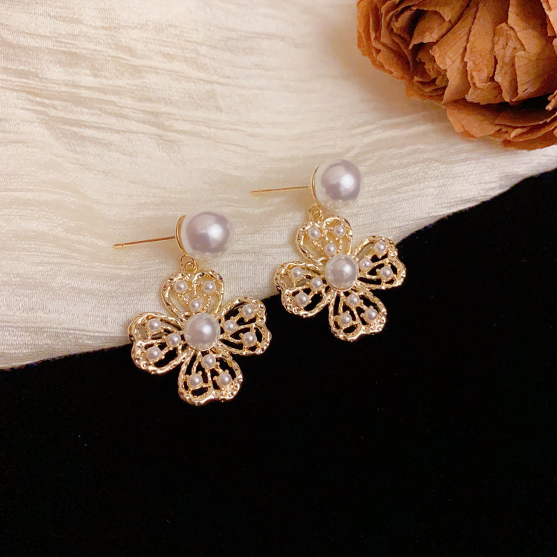Luxury Pearl & Hollow Four-Leaf Flower Drop Earrings – Floral Design