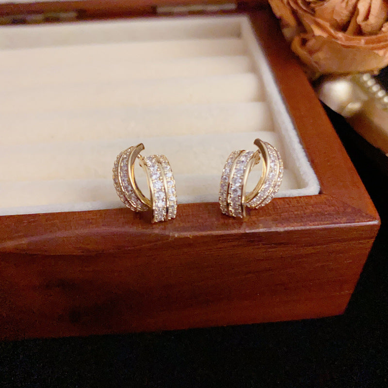 Luxury Full-Zircon Double-Layer Stud Gold Earrings – Geometric Design