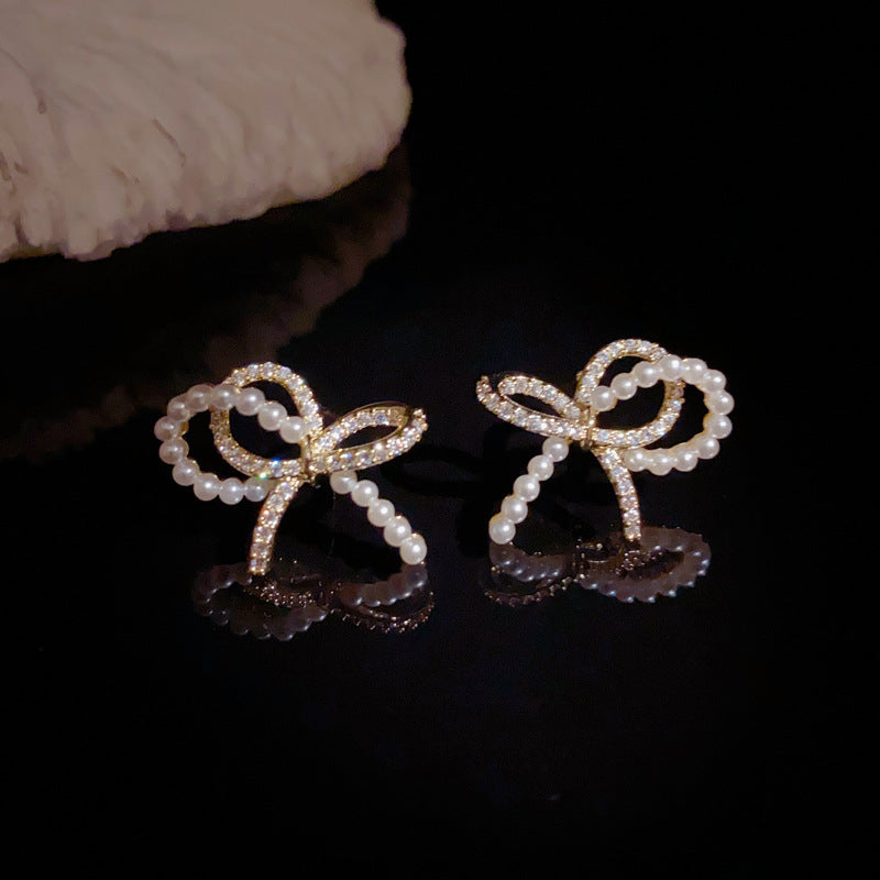 14K Gold-Plated Zircon Pearl Bow Earrings – Sweet Elegant Design