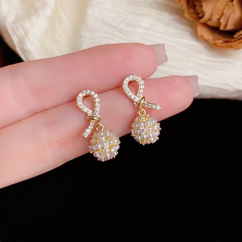 Luxury Zircon Knotted Pearl Ball Drop Earrings – Geometric Design