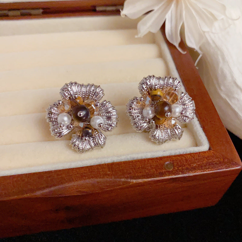 Elegant Tiger's Eye & Glass Bead Flower Earrings – Floral Design