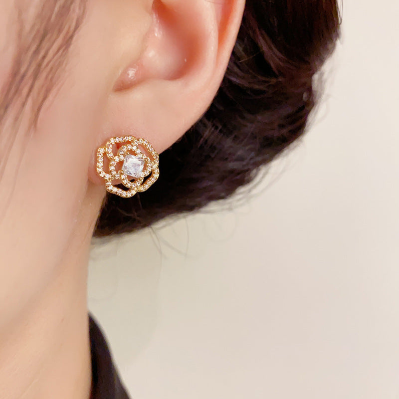 14K Gold-Plated Zircon Hollow Camellia Stud Earrings – Elegant Design