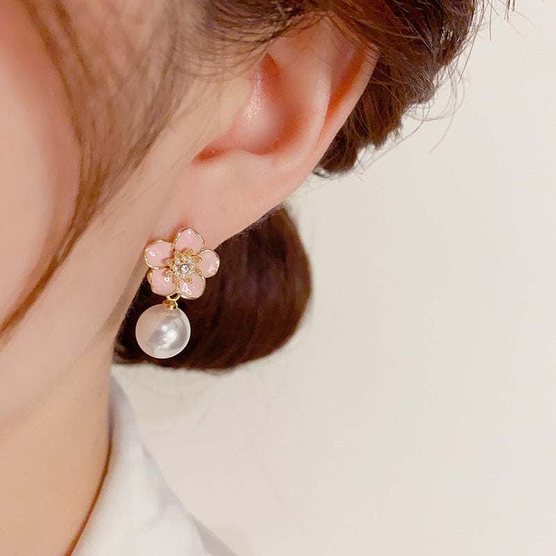 14K Gold-Plated Camellia Pearl Drop Earrings – French Chic Design