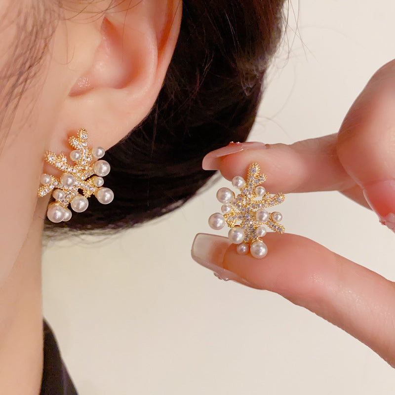 14K Gold Minimalist Coral Pearl & Zircon Stud Earrings– Elegant Design