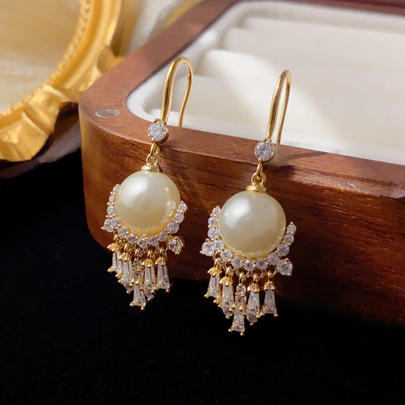 Luxury Zircon Pearl Tassel Hook Earrings – Geometric Design