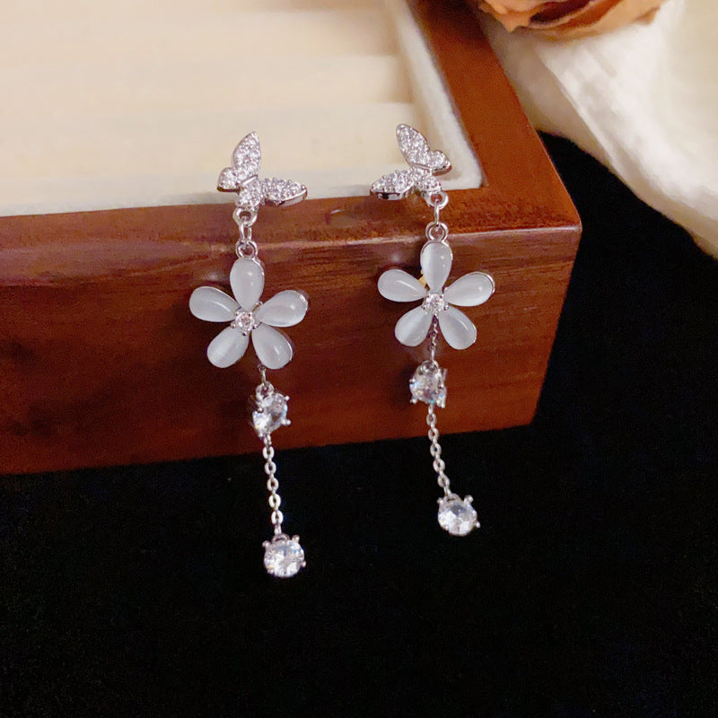 Luxury Zircon Cat's Eye & Flower Tassel Drop Earrings – Elegant Design