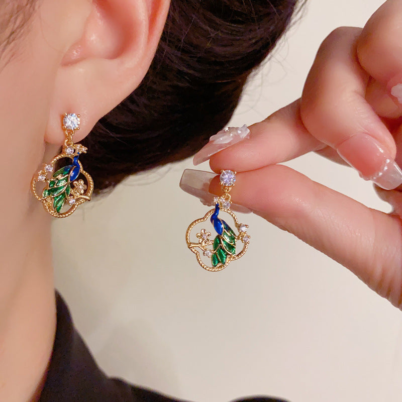 Elegant Petal Peacock Drop Gold Earrings – Floral Design