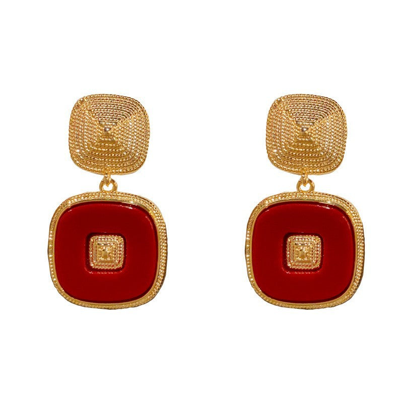 Elegant Metal Square & Red Block Drop Gold Earrings – Geometric Design