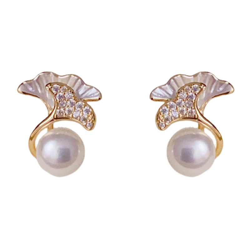 14K Gold Minimalist Double-Layer Ginkgo Leaf & Pearl Stud Earrings
