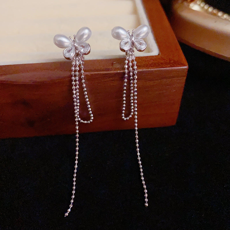 Luxury Pearl & Butterfly Tassel Drop Earrings – Silver Needle Design