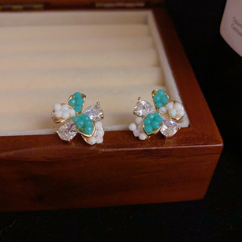 14K Gold-Plated Zircon Two-Tone Petal Stud Earrings – Elegant Floral